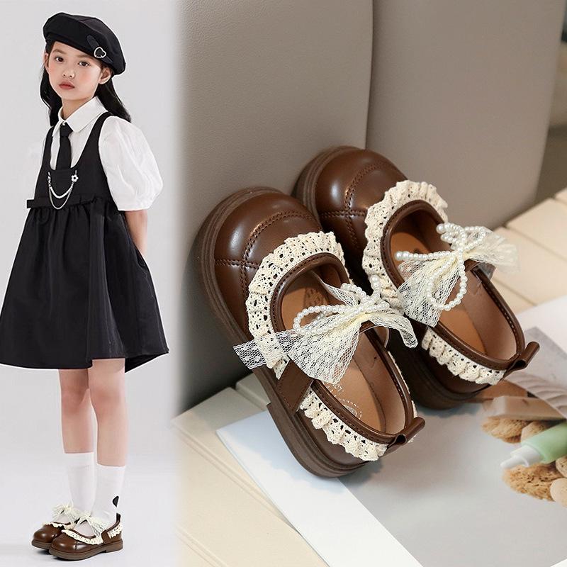 

Girls Bow Princess Mary Jane Shoes - Spring/Autumn Retro Leather with Lace Trim 25 світло-коричневого кольору