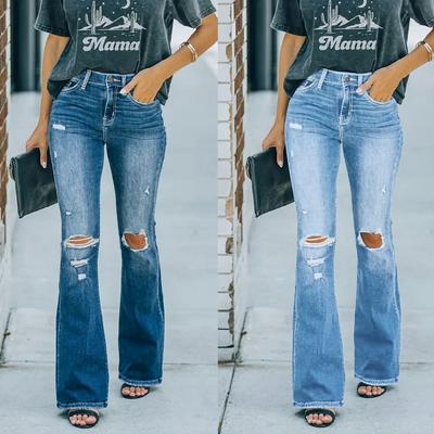 Damen High Waist Denim Jeans Retro Gewaschene Zerrissene Loch Schlaghose Damen Freizeitjeans