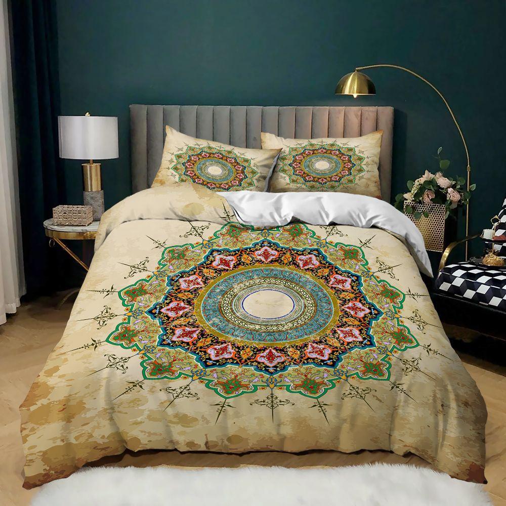 Zestaw poszewek na kołdrę Mandala w kolorze granatowym, w stylu boho, szykownym, z nadrukiem medalionu, z miękkiej mikrofibry, podwójny zestaw poszewek na kołdrę Queen King Size