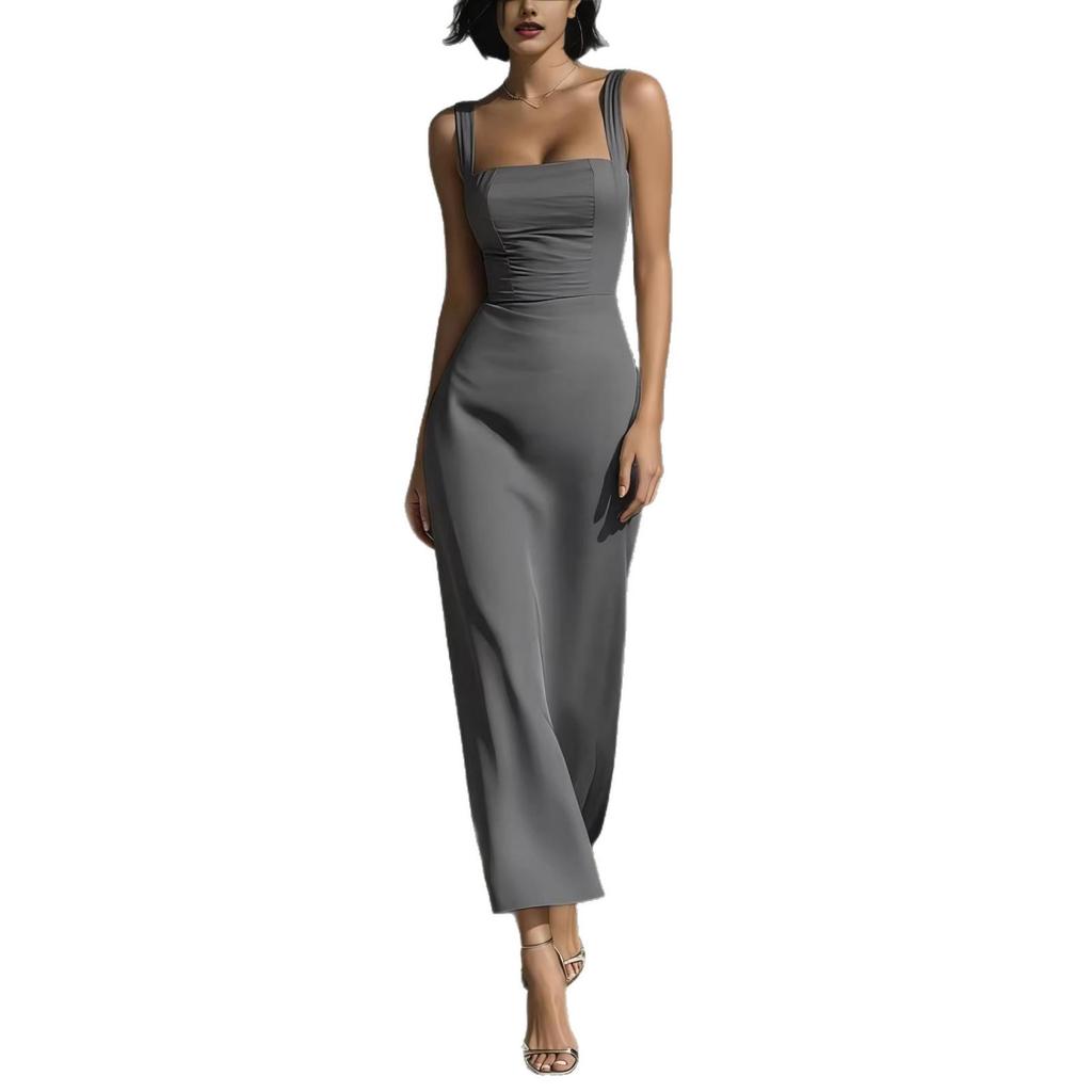 Elegant Square Neck Spaghetti Strap Dress - Waist-Cinched, Sexy New Style for Women