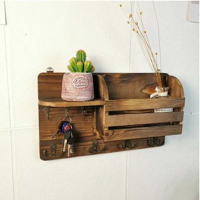 Estante de Almacenamiento de Madera Montado en la Pared Vintage Habitación Dormitorio Estudio Gancho para Llaves Madera Maciza Pared Acabado Organizador de Desechos Decoración de Porche Caja de Almacenamiento de Llaves