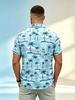 [Print Design - Not Textured] Light Blue Palm Tree Wave Print Short Sleeve Shirt, Men'S Lapel Open Collar Beach Vacation Style Half Sleeve Blouse,