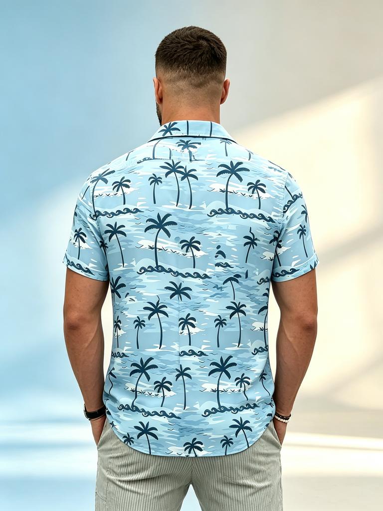 [Print Design - Not Textured] Light Blue Palm Tree Wave Print Short Sleeve Shirt, Men'S Lapel Open Collar Beach Vacation Style Half Sleeve Blouse,