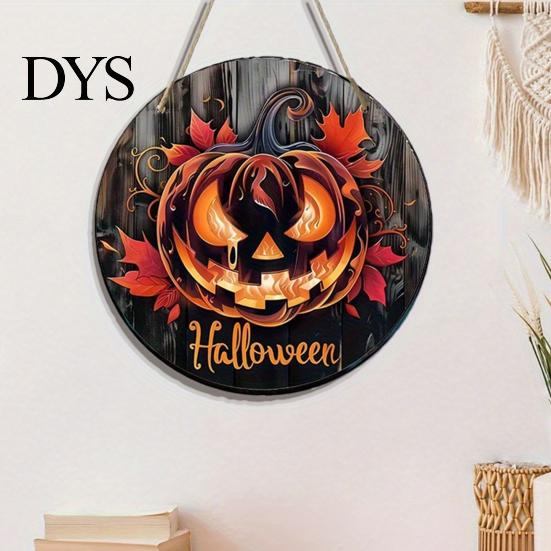 Autumn Atmosphere Hanging Ornament Halloween Wooden Door Hanger Sign, Flame Pumpkin Maple Leaf Printed Round Plaque, Hemp Rope Decor Waterproof