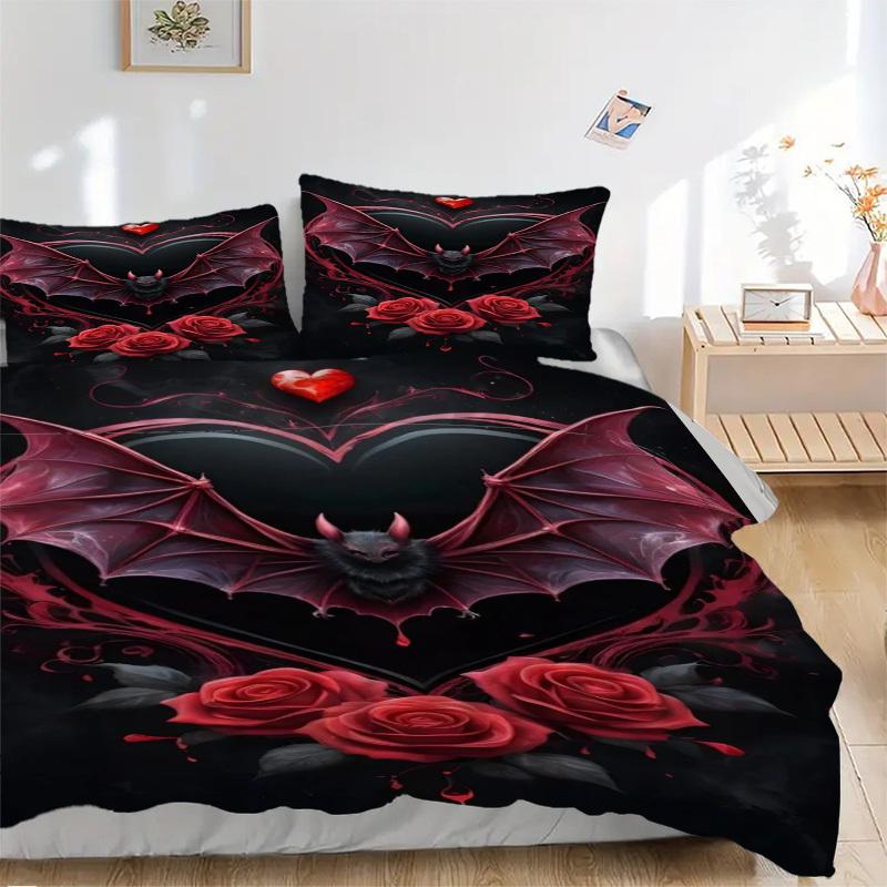 3pcs Bat Heart Roses Duvet Cover Set - Includes 1 Duvet Cover and 2 Pillowcases, No Quilt Core, All-Season Home Decor yy251111086