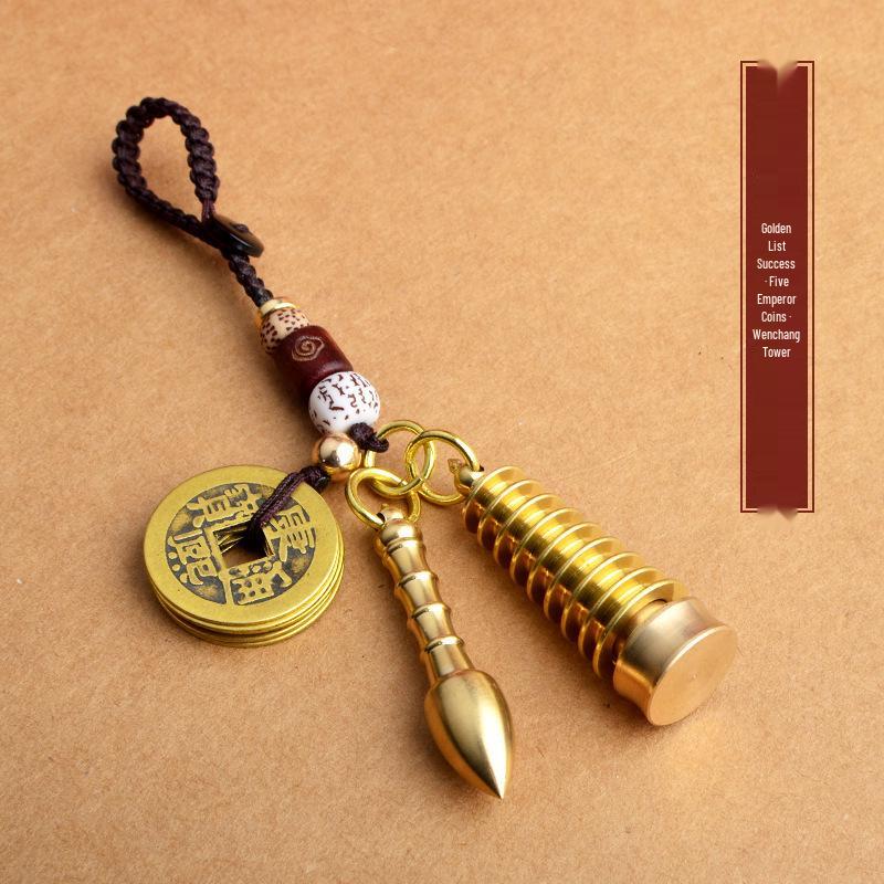 Solid Brass Success Pen with Wenchang Tower, Five Emperor Coins, Copper Gourd Keychain, and Red Cinnabar Pendant.