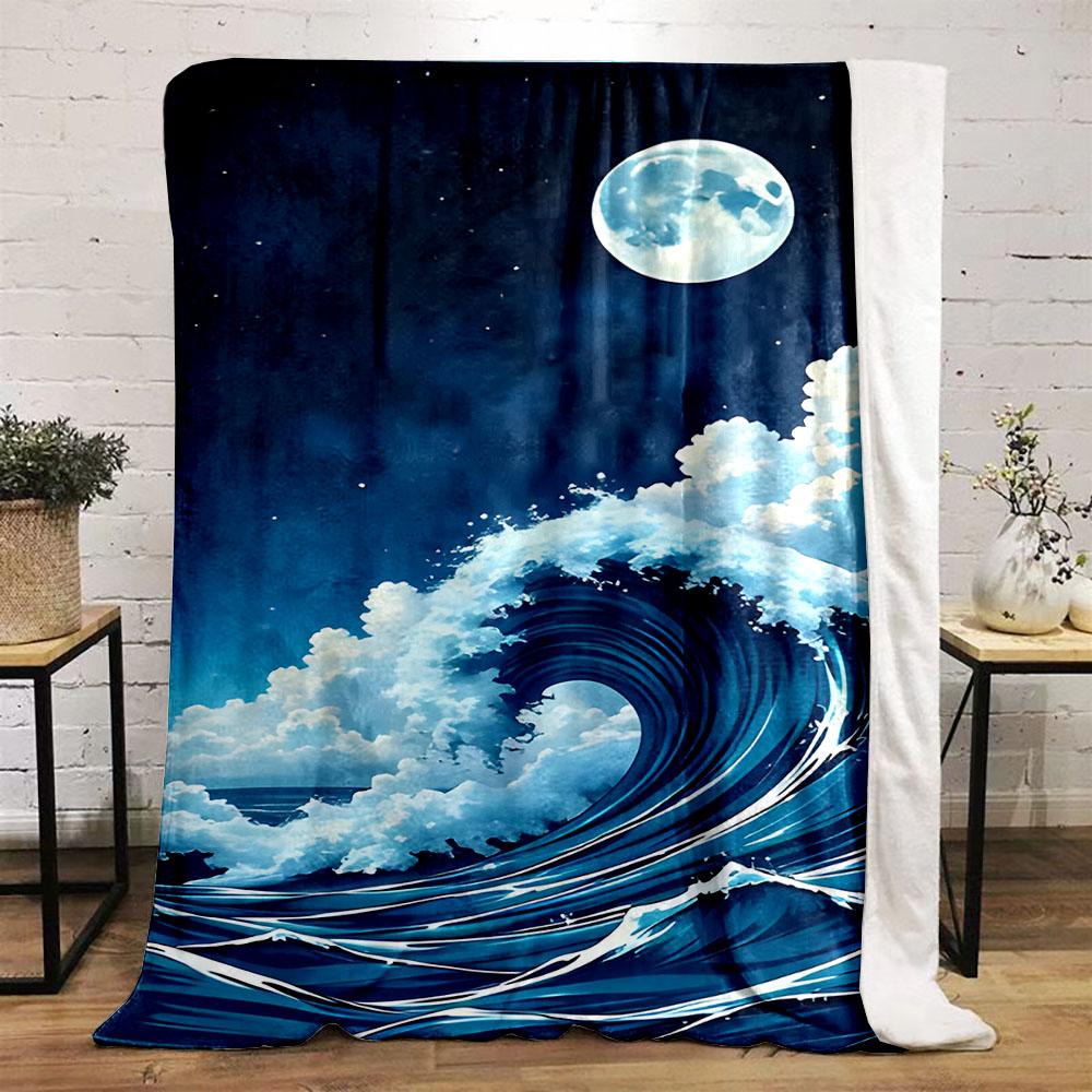 Moonlit Ocean Wave Scene Patterned flannel blanket perfect for the bedroom living room, sofa, or a little nap
