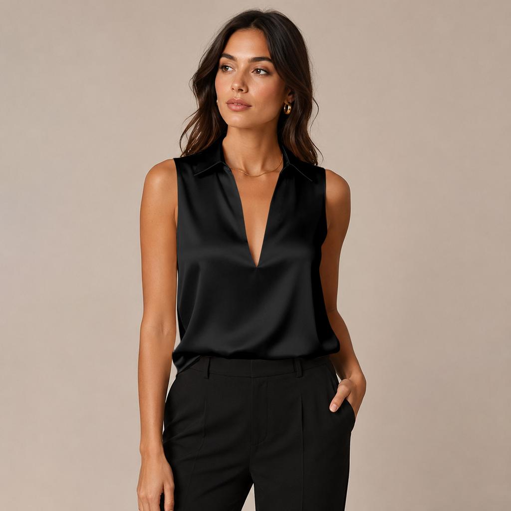 Blusa da Donna Colorata in Raso con Scollo a V e Senza Maniche per la Sera