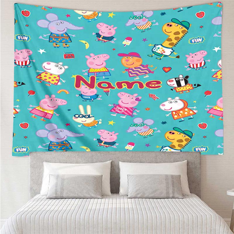 Custom Name Peppa Pig Print Tapestry, Backdrop, Easy Setup, Ideal for Bedroom, Office & Living Room, with Aesthetic Wall Hanging Decor.