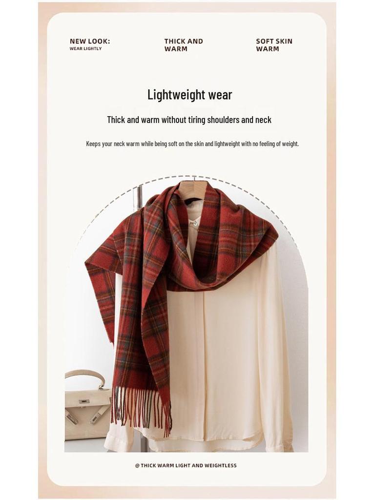 Women's 100% Wool Plaid Scarf - Korean Style, Autumn/Winter 2025, Long Tassel Shawl, Cold-Proof and Warm