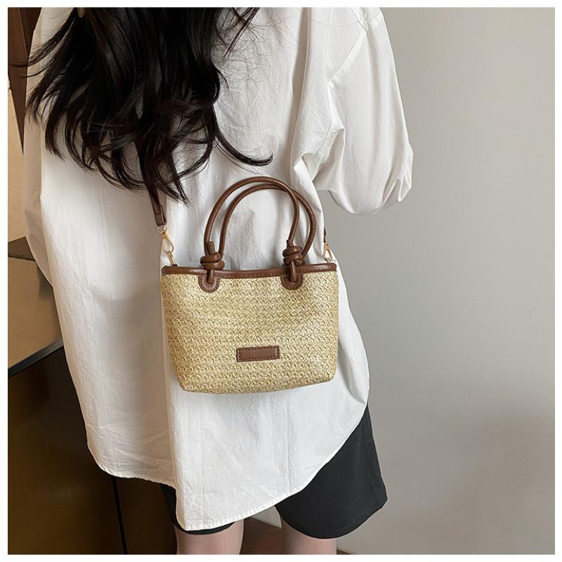 Summer Vacation Style Woven Rope Handled Beach Tote Bag Trendy Rattan Basket Shoulder Crossbody Bag