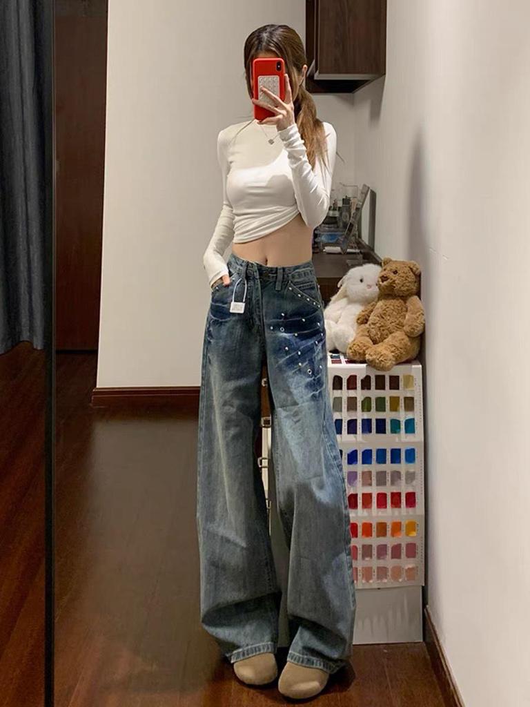 Women's High-Waisted Washed Rivet Wide-Leg Jeans - Autumn/Winter Floor-Length, Comfortable, Versatile, Slimming Straight Pants