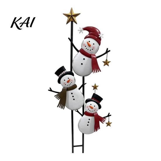 Decorative Holiday Post Vintage Metal Christmas Snowman Ground Stake, Distressed Yard Sculpture with Three Climbing Snowmen Entryway Decoration