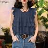 ZANZEA Women Casual Round Neck Loose Sleeveless Ruffles Blouse