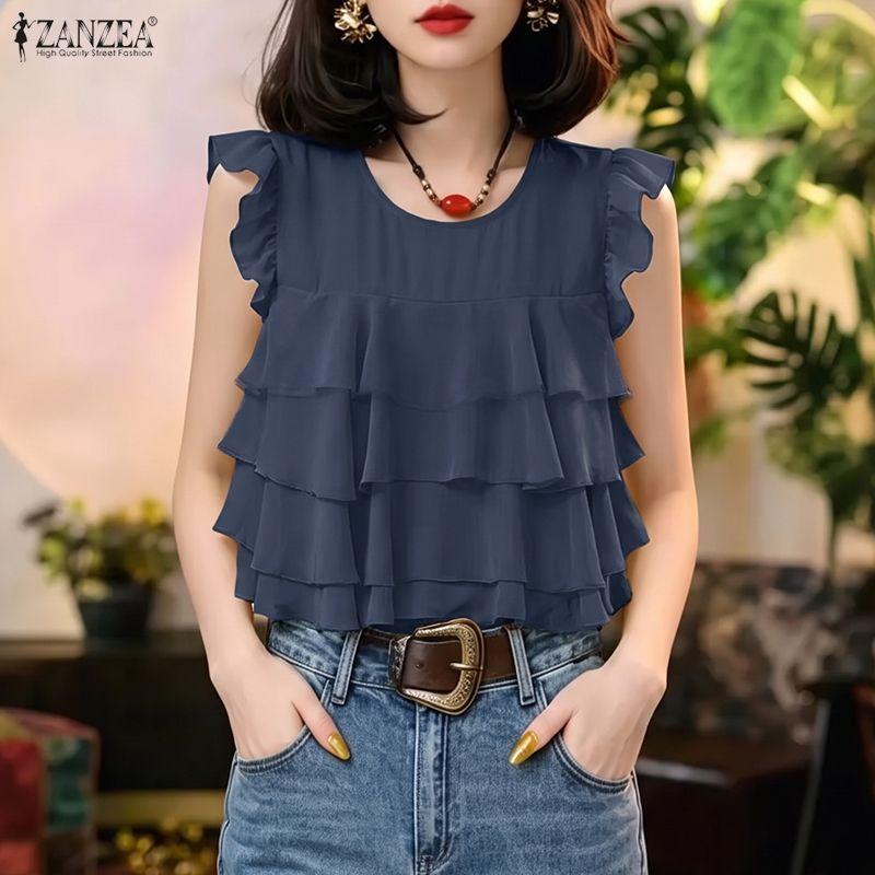 ZANZEA Women Casual Round Neck Loose Sleeveless Ruffles Blouse