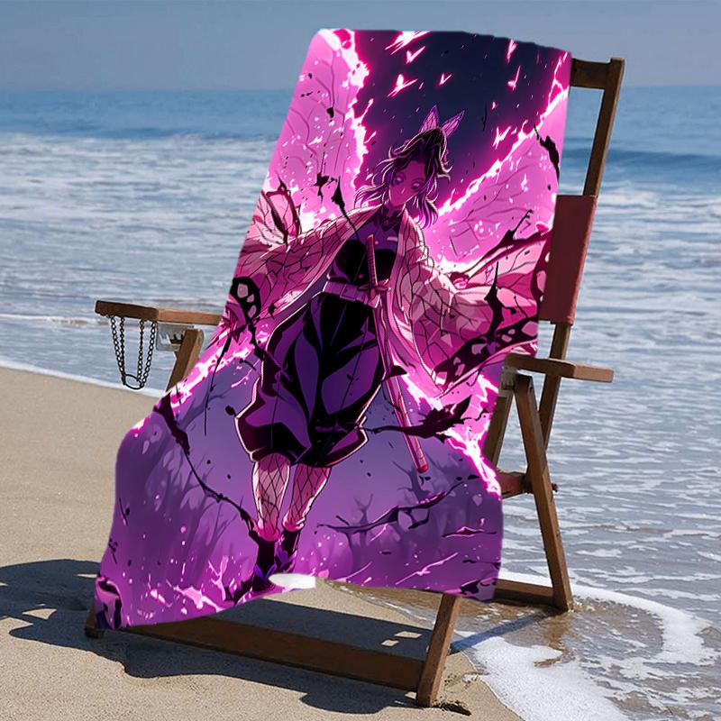 proof beach towel with a Demon Slayer Shinobu Kocho pattern - soft,absorbent,quick-drying,machine washable - perfect for swimming,camping,bathing