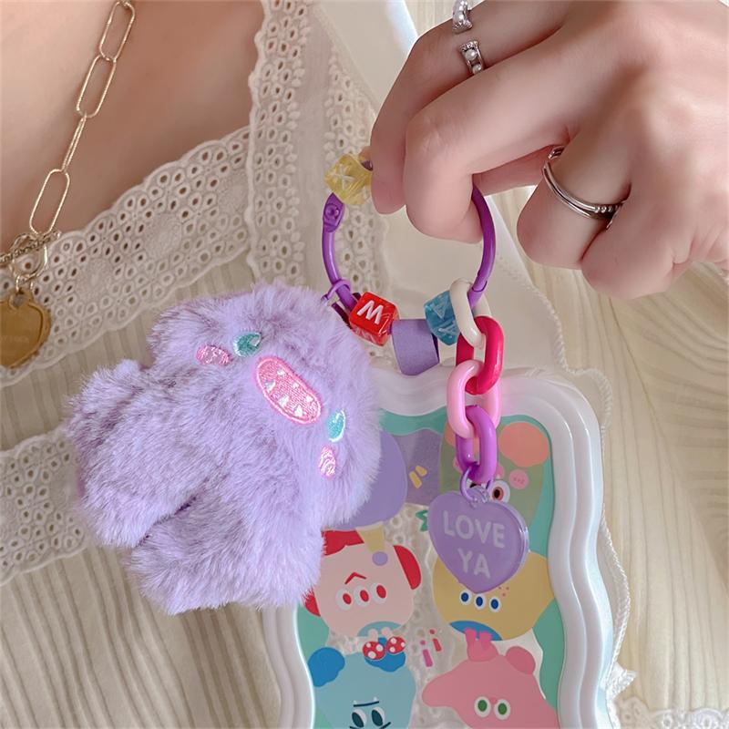 Korea Cute Cartoon Fuzzy Plush Monster Phone Key Chain Beaded Keychain For iPhone 11 13 ProMax Anti-Lost Chain Hanging Jewelry