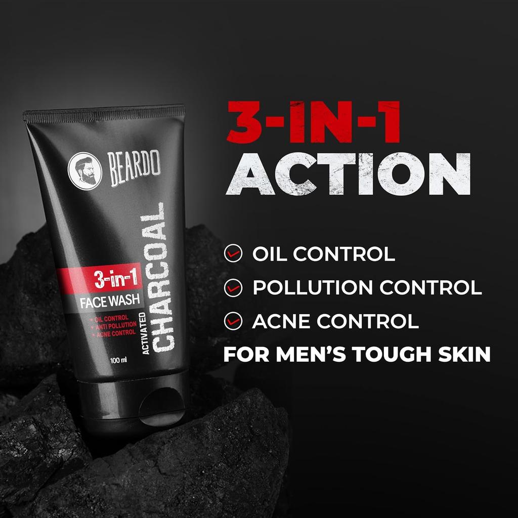 Beardo 3 In 1 Activated Charcoal Face Wash For Men Deep Clean Oil Control Detox Oily Skin Dirt Removal Daily Use 100 ml