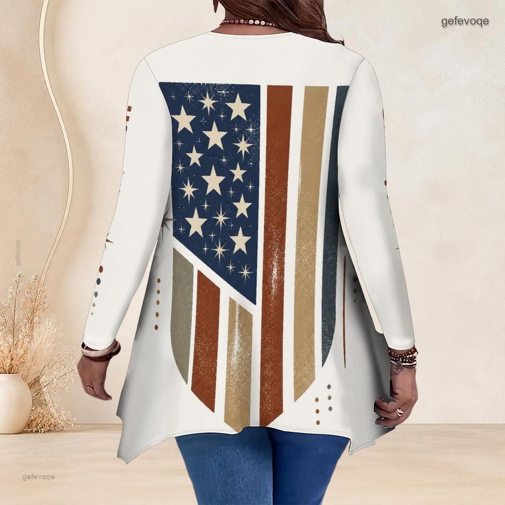 Women Plus Size V Neck Long Sleeve Printed Asymmetric Hem Flared Tunic Top