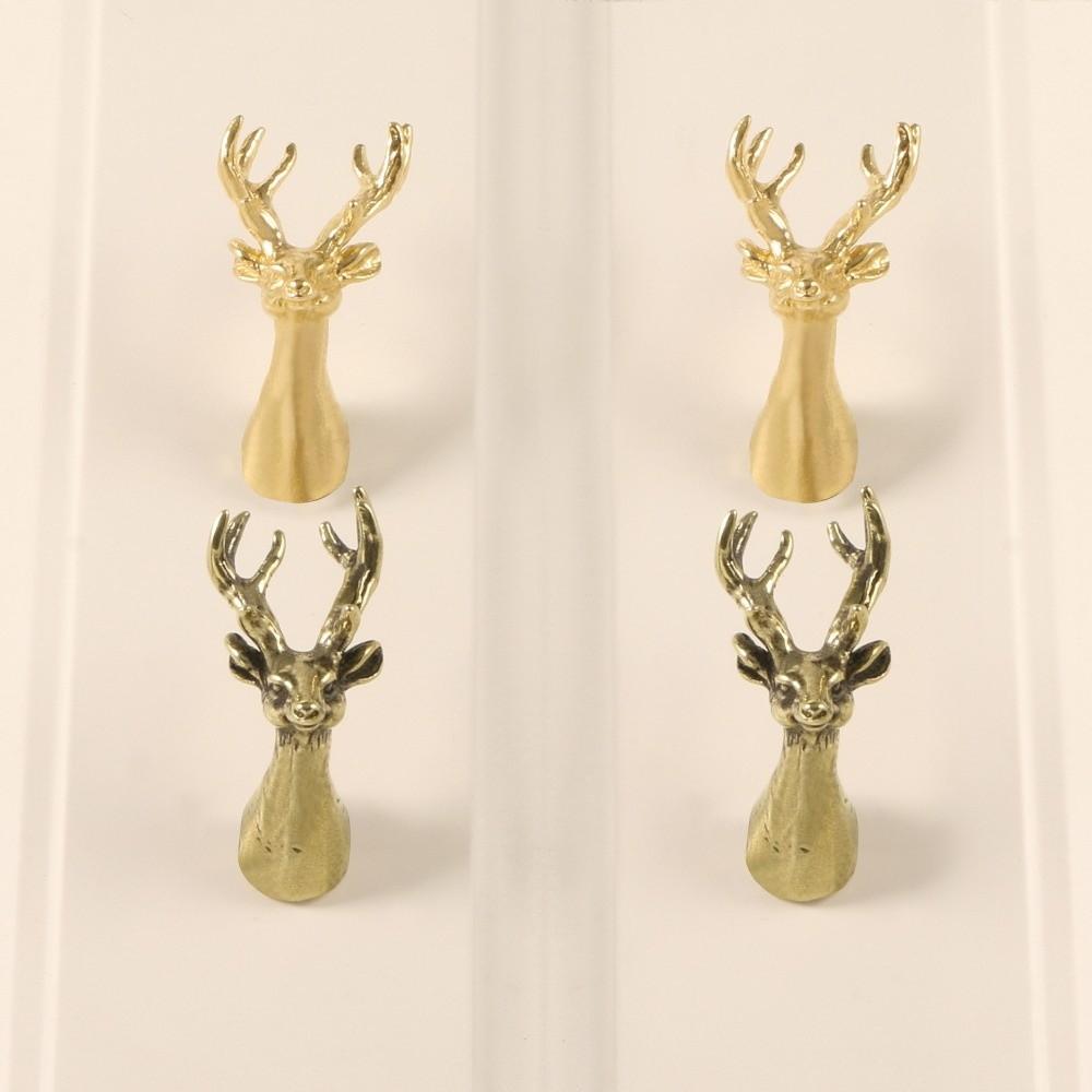 Retro Brass Cabinet Pull Vintage Single Hole Solid Deer Head Drawer Handle Gold Home Decor Wardrobe Door Handle with Screws