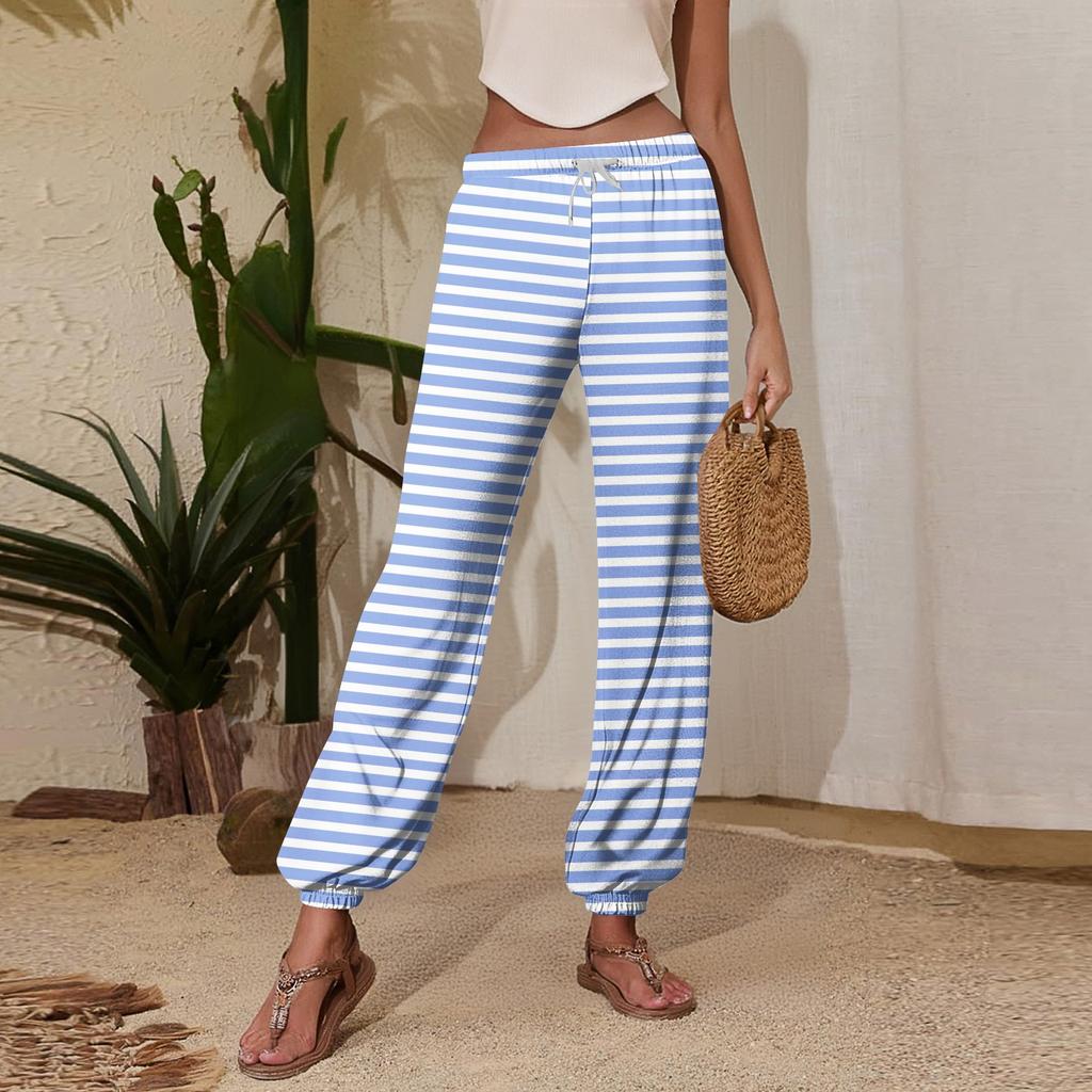 Women's Casual Striped Sweatpants with Drawstring Elastic Waist and Cuffed Hem