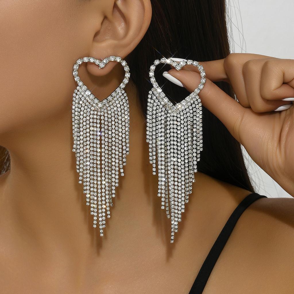 2PC Women's Fashion Love tassel Earrings Zircon Simple and High End Suitable for Date, Party, Festival Gifts