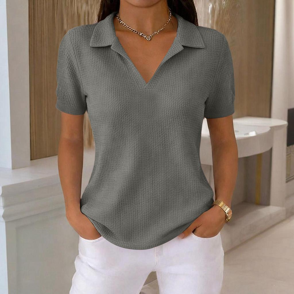Women's Fashion -Color T-Shirt — Retro Lapel, -Knit, Short-Sleeve Top for Daily Commuting (Spring/Summer)