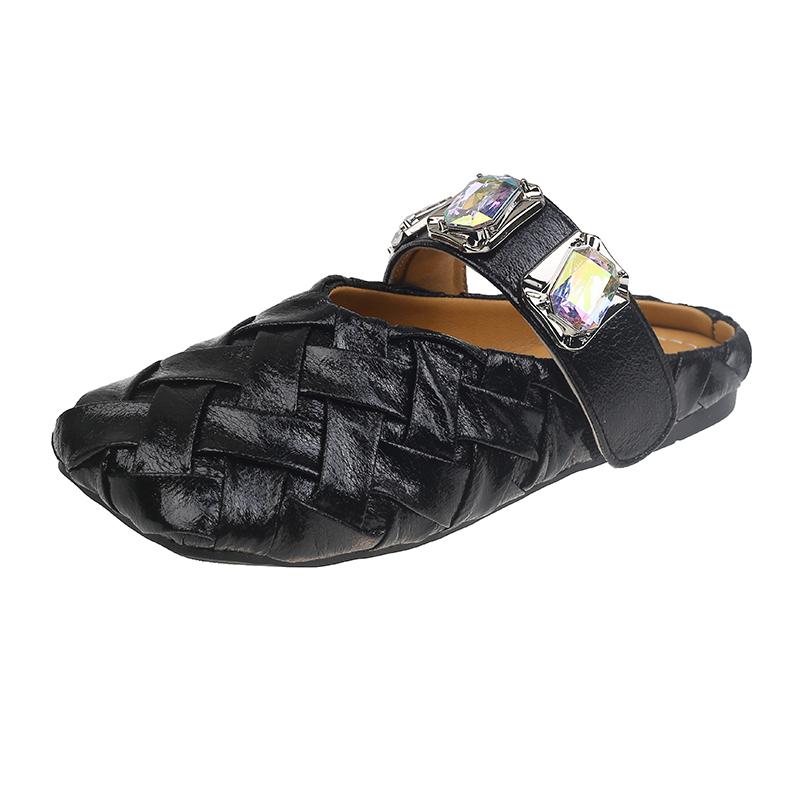 

Модные весенние новые шлепанцы Баотоу с квадратным носком, мелким вырезом, плетеные с блестками, на мягкой подошве, противоскользящие, износостойкие, плоские туфли 40 чёрный
