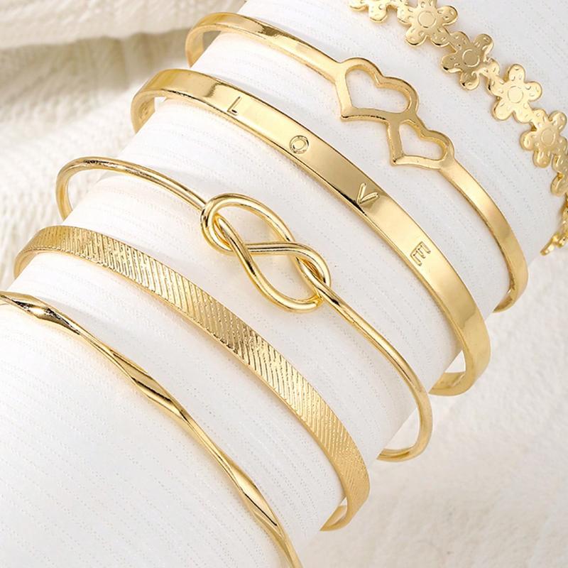 6pcs/Set Double Heart Love Letter Flower Open Bangle For Women, Daily Wear & Party Gift, Gold Color