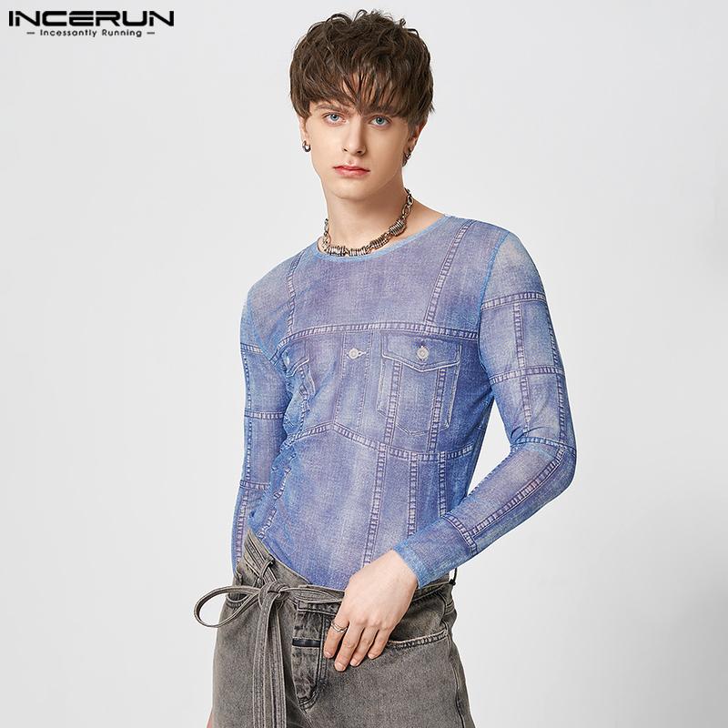 

INCERUN Весенние мужские синие прозрачные тонкие топы