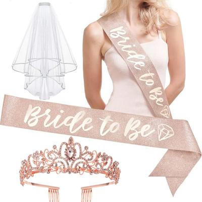 Bachelorette Party Accessories Set Rhinestone Crown Bride To Be Sash Veil Bridal