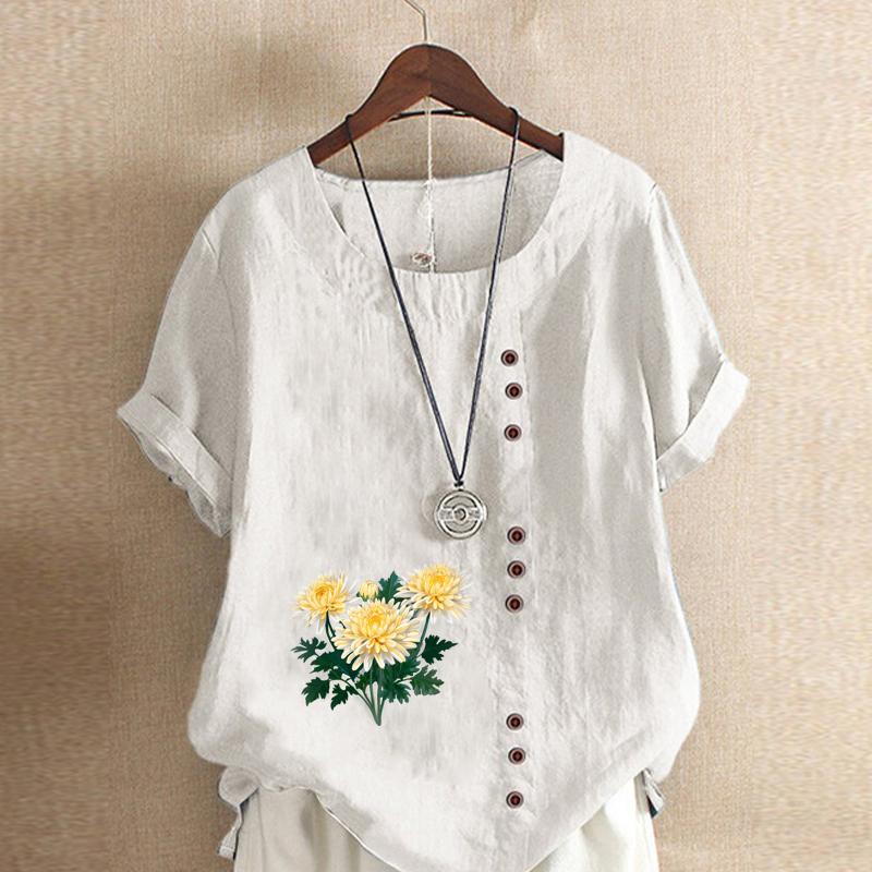 Women's Fashion Chrysanthemum  Prined Round Neck Short Sleeve T-shirt Casual Cotton Linen Graphic Shirt Leisure Loose Summer Blouse Tops