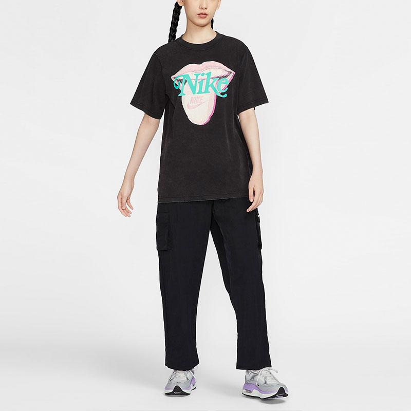 Nike Sportswear Essentials Series Letter Print Round Neck Short Sleeve Drop Shoulder T-Shirt Women Tops Black HM4594-010