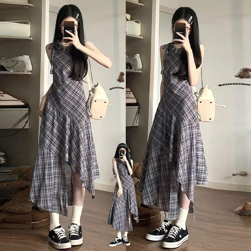 Retro Plaid Dress Women's Summer Temperament Waist Vest Skirt Design Sense Niche Irregular A-shaped Skirt Long Skirt