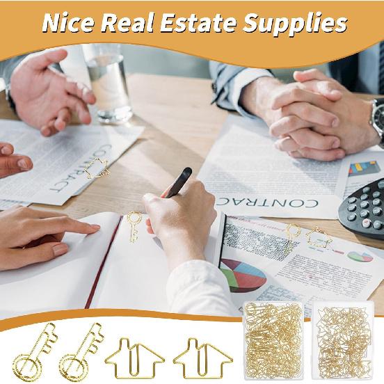 Hesena 120 Pcs Paper Clip Set, 60 Pcs House & 60 Pcs Key Shaped Paperclips for Office, Real Estate Agent,Realtors Gifts (Gold)