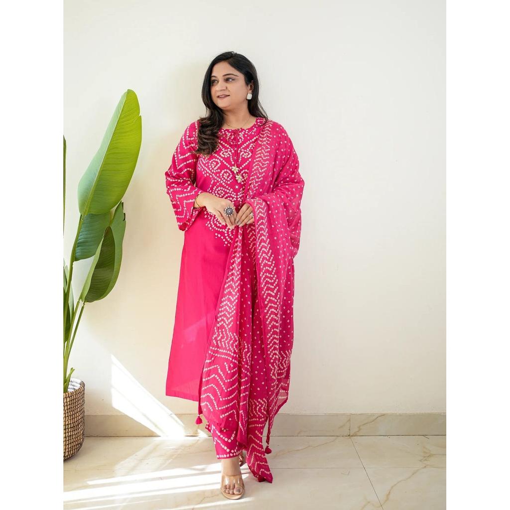 Designer Heavy Cotton Kurti Pant Dupatta Set Women Party Wear Ethnic Kurta Set