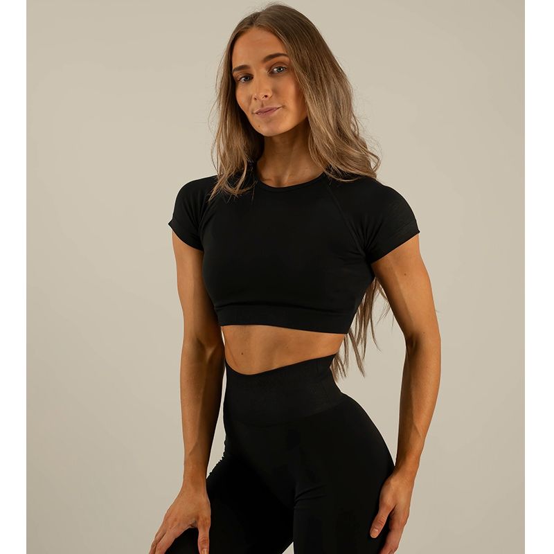 

Irongirl Yoga Short sleeve Women round Neck Short Tight Sports Top Sexy Slimming Fitness Navel T-shirt Hemp Black L
