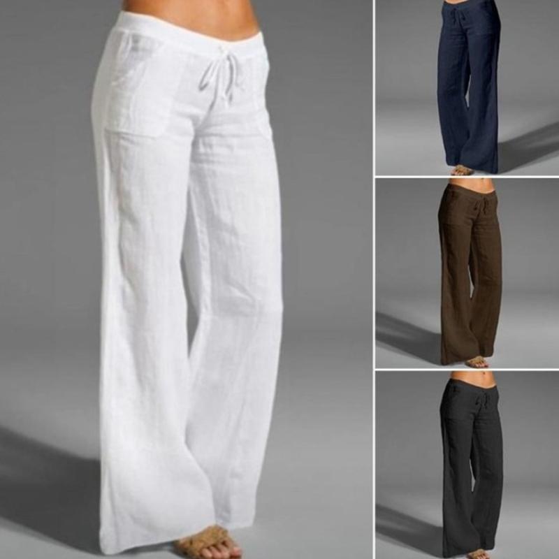Linen Wide Leg Pants Elastic Drawstring Waist Casual Flare Trousers With Side Pockets Lightweight Loose Fit Beach Vacation Daily Palazzo Pants