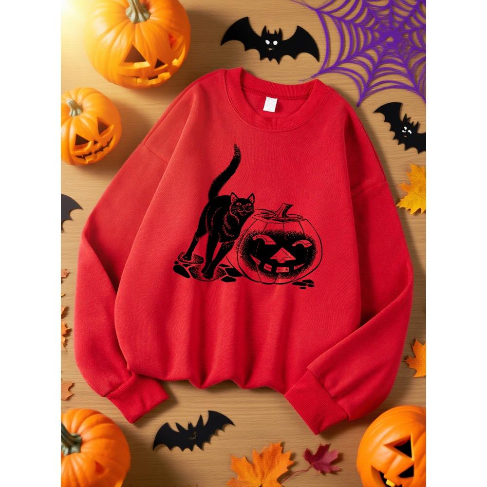 Black Cat and Pumpkin Lantern Prints Sweatshirt Woman Casual Fleece Sweatshirts Round Neck Autumn Top Hip Hop Sportswears