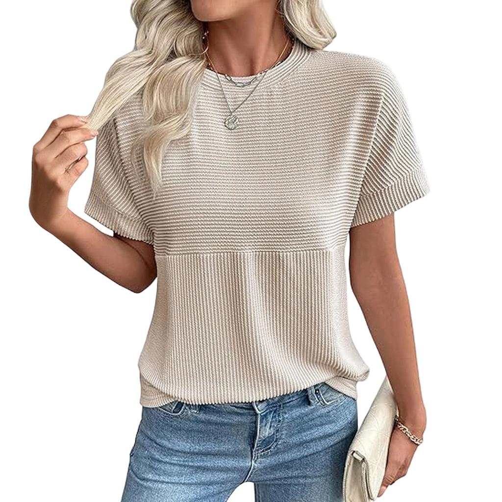 Women's Fashionable Casual Round Neck Ribbed Short-sleeved Top