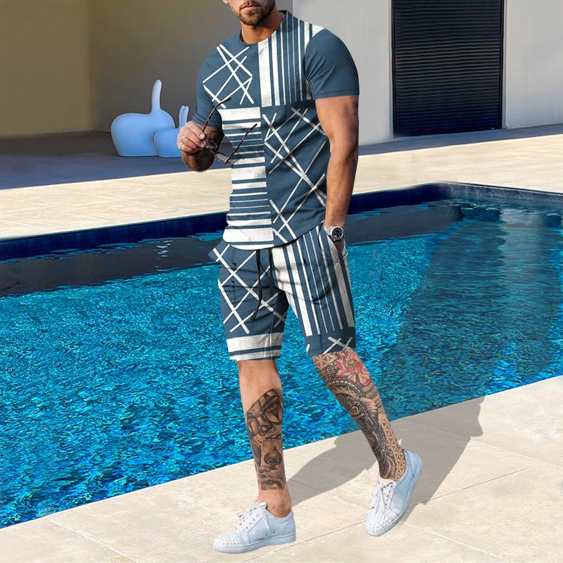 Plus Size Men's Summer Suit Round Neck Short Sleeved Shorts 3D Printed Loose Men's Casual Sports Set