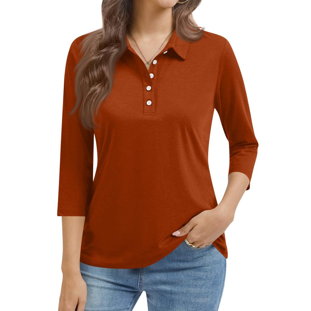 Women's Fashion Casual Lapel Short 3/4 Sleeve Color Shirt Women's Button Up Tops