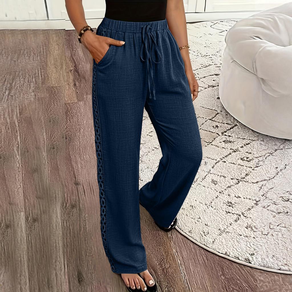 Ladies' Color Fashionable And Elegant Side Lace Slanted Pocket Casual Pants Long Pants
