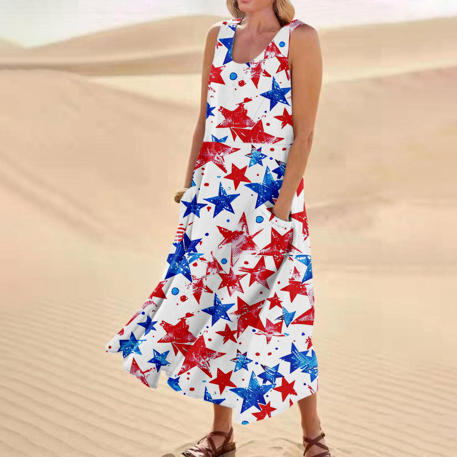 Women s Fashion Casual Independence Day Print Sleeveless Cotton Linen Pocket Dress M