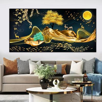 Abstract Landscape Canvas Painting Golden Elk And Trees Canvas Wall Art Posters and Prints Pictures for Living Room Frameless
