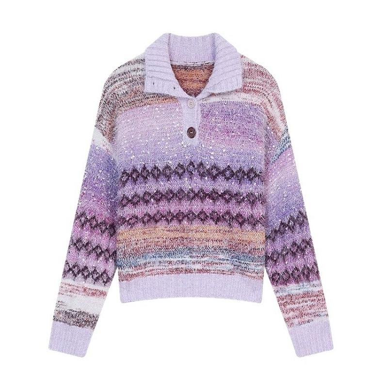 Wind lapel gradual change sweater women's autumn and winter new Fair Island jacquard bright silk design loose knitted sweater