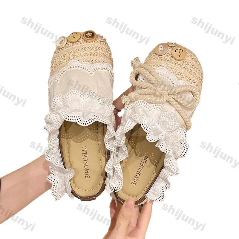 Fashion Women Casual Flats 2025 Summer New Lace Weave Breathable Straw Slippers Outdoor Fashion Bow-knot Comfortable Non Slip Half Drag