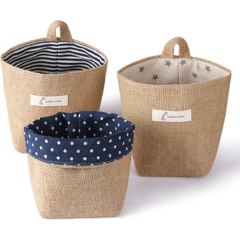 3 PCS Mini Hanging Storage Bag Cotton Linen Small Storage Basket Wall Hanging Storage Pouch Foldable Storage Box Family Organizer Decorative Bag