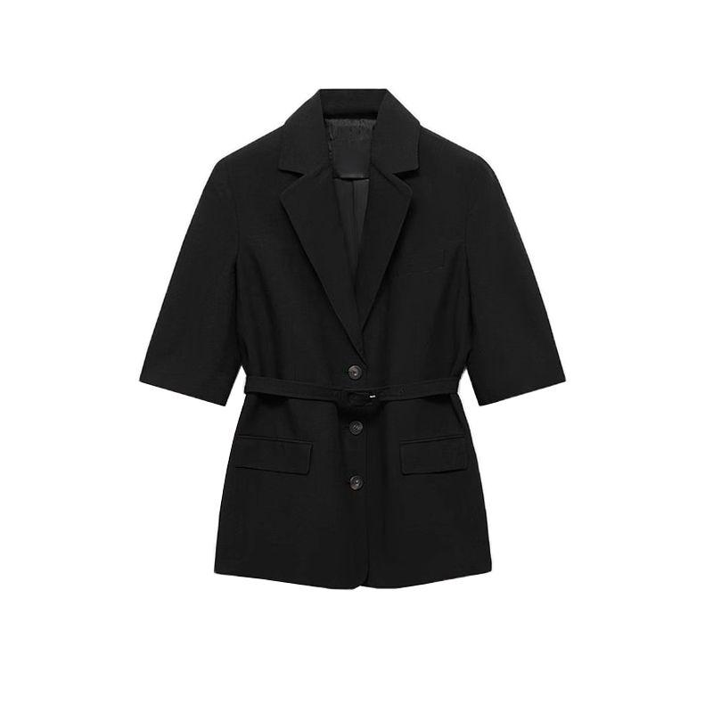 

25 Летняя одежда Новая женская одежда Модный стиль Повседневный Воротник поло Рукав до локтя Костюм на шнуровке Верхняя одежда 87057896 Black L