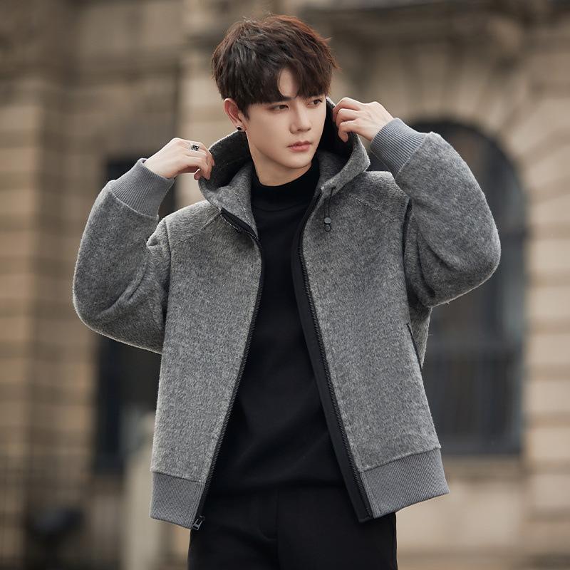 Light luxury hooded wool coat men's autumn thin double-sided wool jacket versatile casual wool jacket